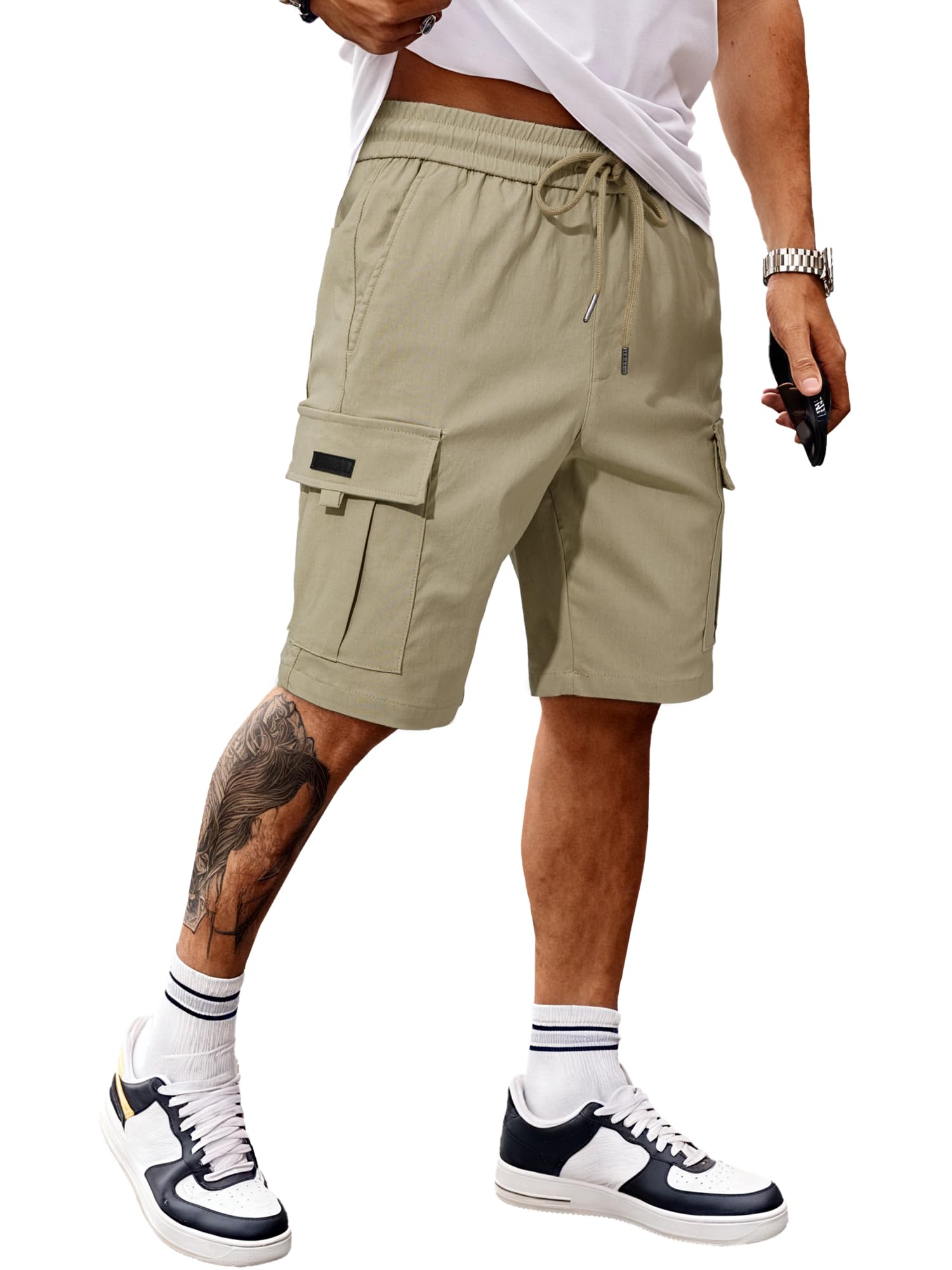aofany men casual solid pocket elastic waist shorts